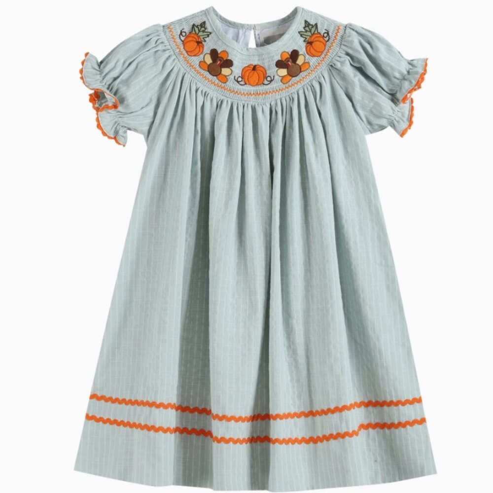 Light Blue Pinstripe Turkey Thanksgiving Smocked Bishop Dress